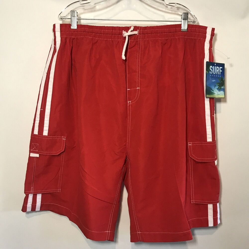 Surf Avenue Men’s Red w White Stripe Swim Trunks Pockets Size XL New with Tags